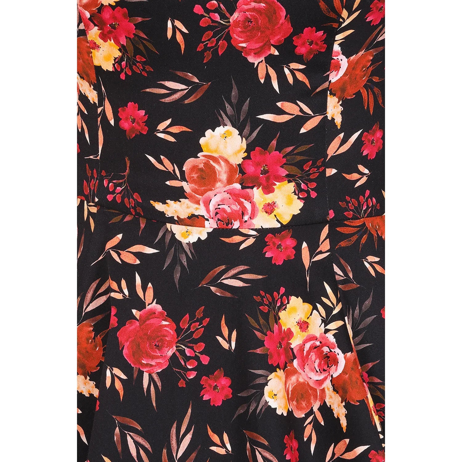 Black Multi Red Floral Print 3/4 Sleeve Sweetheart Neckline 50s Swing Dress With Pockets