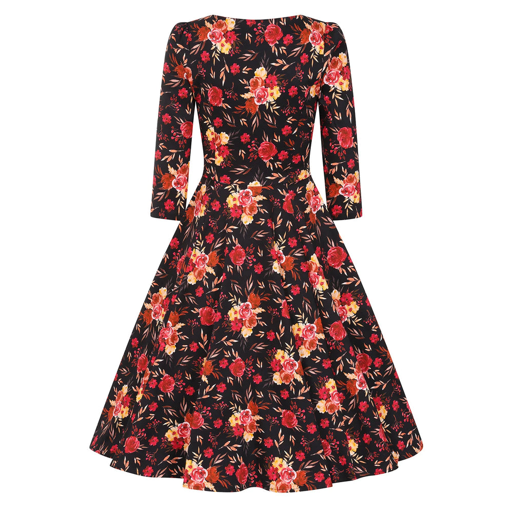 Black Multi Red Floral Print 3/4 Sleeve Sweetheart Neckline 50s Swing Dress With Pockets