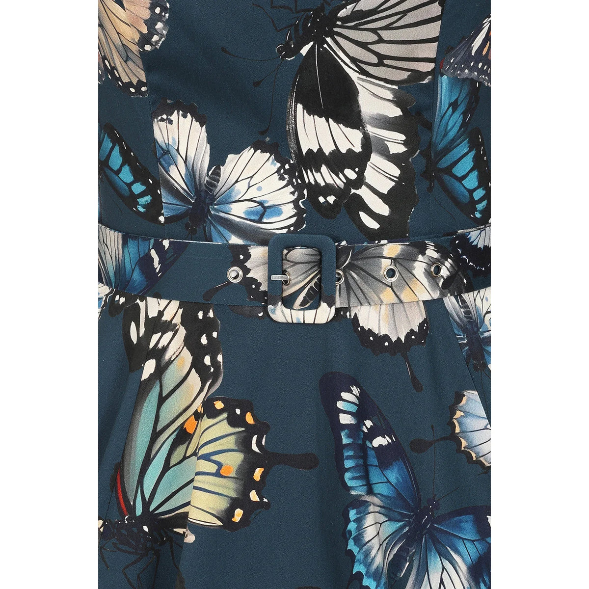 Navy Butterfly Print 1950s Swing Dress with 3/4 Sleeves And Pockets