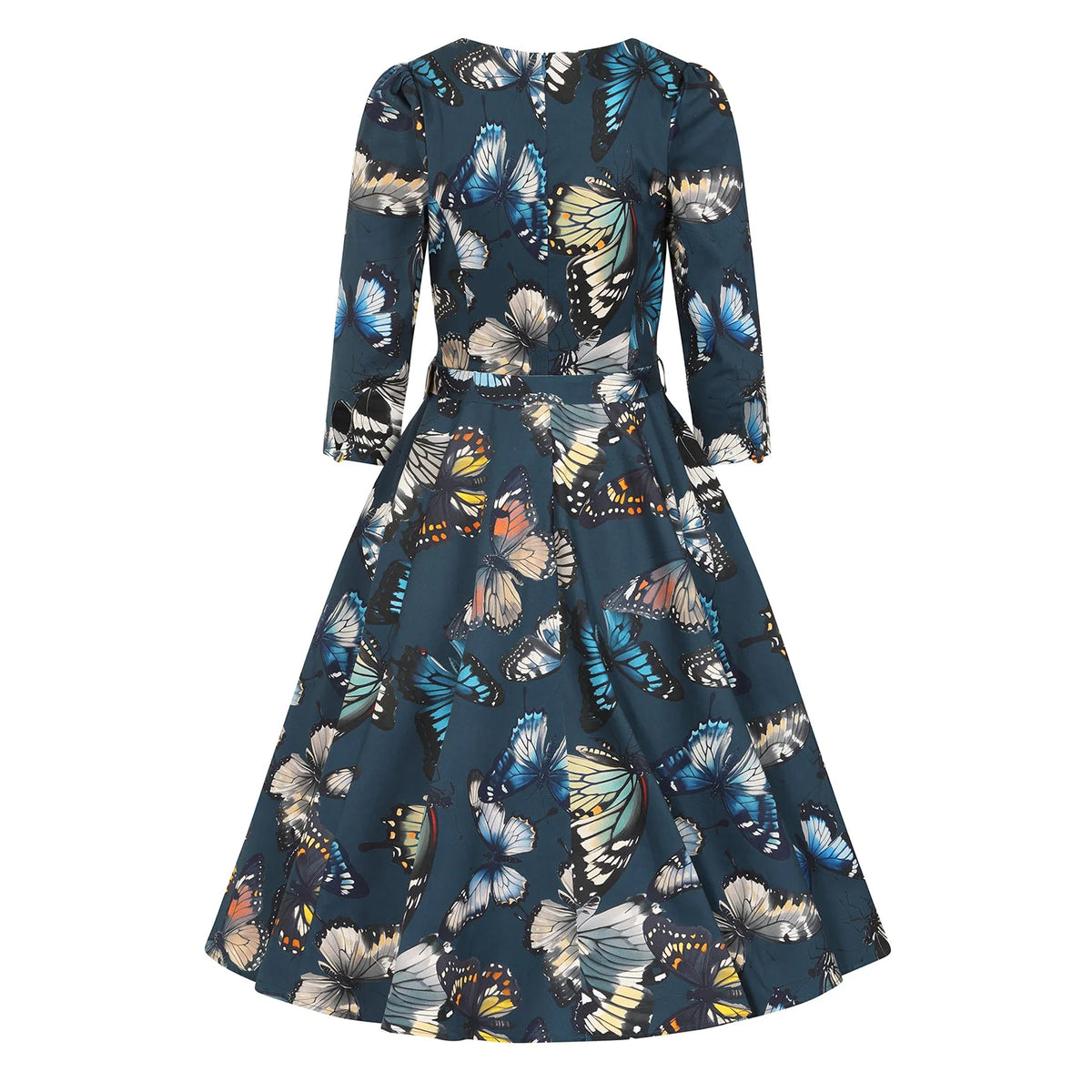 Navy Butterfly Print 1950s Swing Dress with 3/4 Sleeves And Pockets