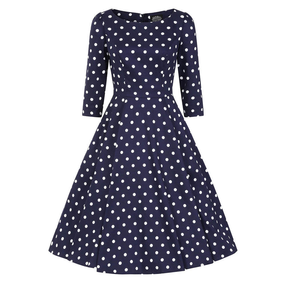 Blue And White Polka Dot Vintage 50s 3/4 Sleeve Swing Tea Dress