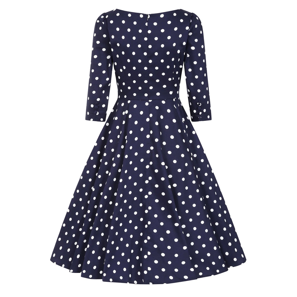 Blue And White Polka Dot Vintage 50s 3/4 Sleeve Swing Tea Dress