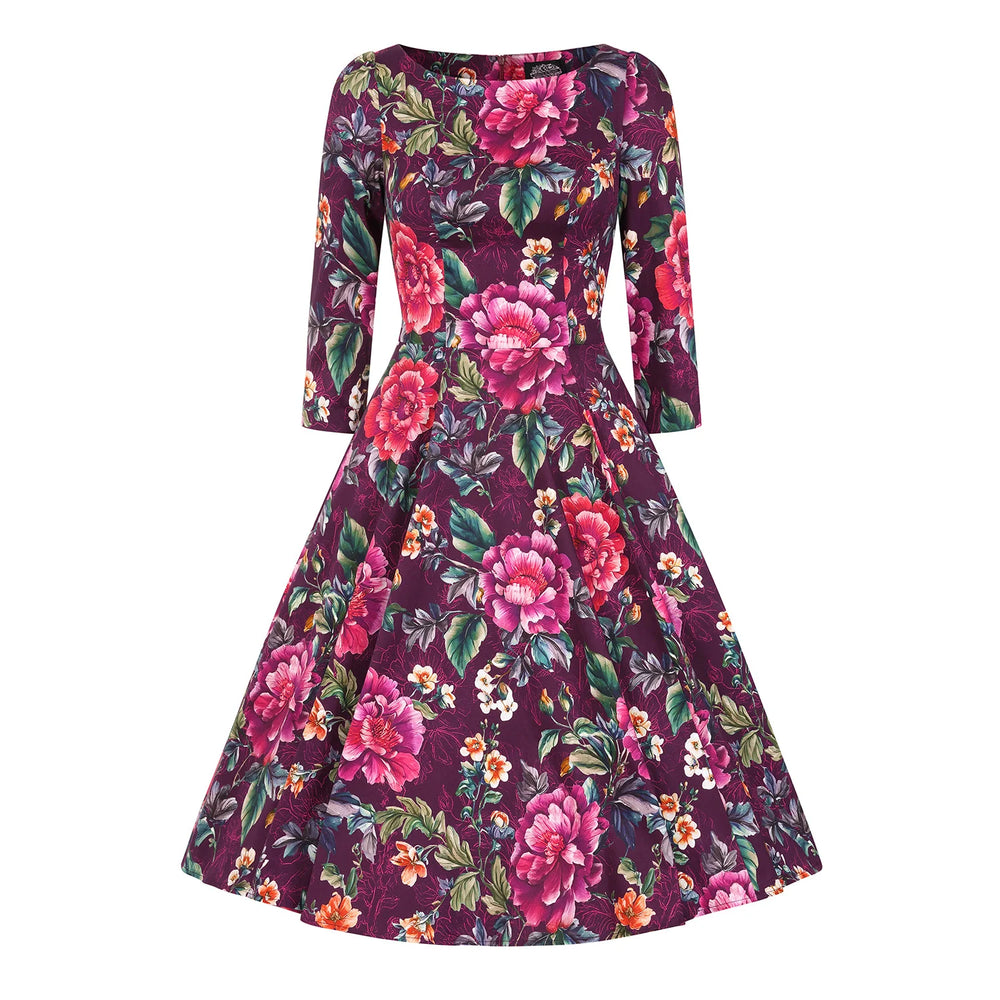 Burgundy Multi Floral Print 3/4 Sleeve Boat Neckline 50s Swing Dress With Pockets