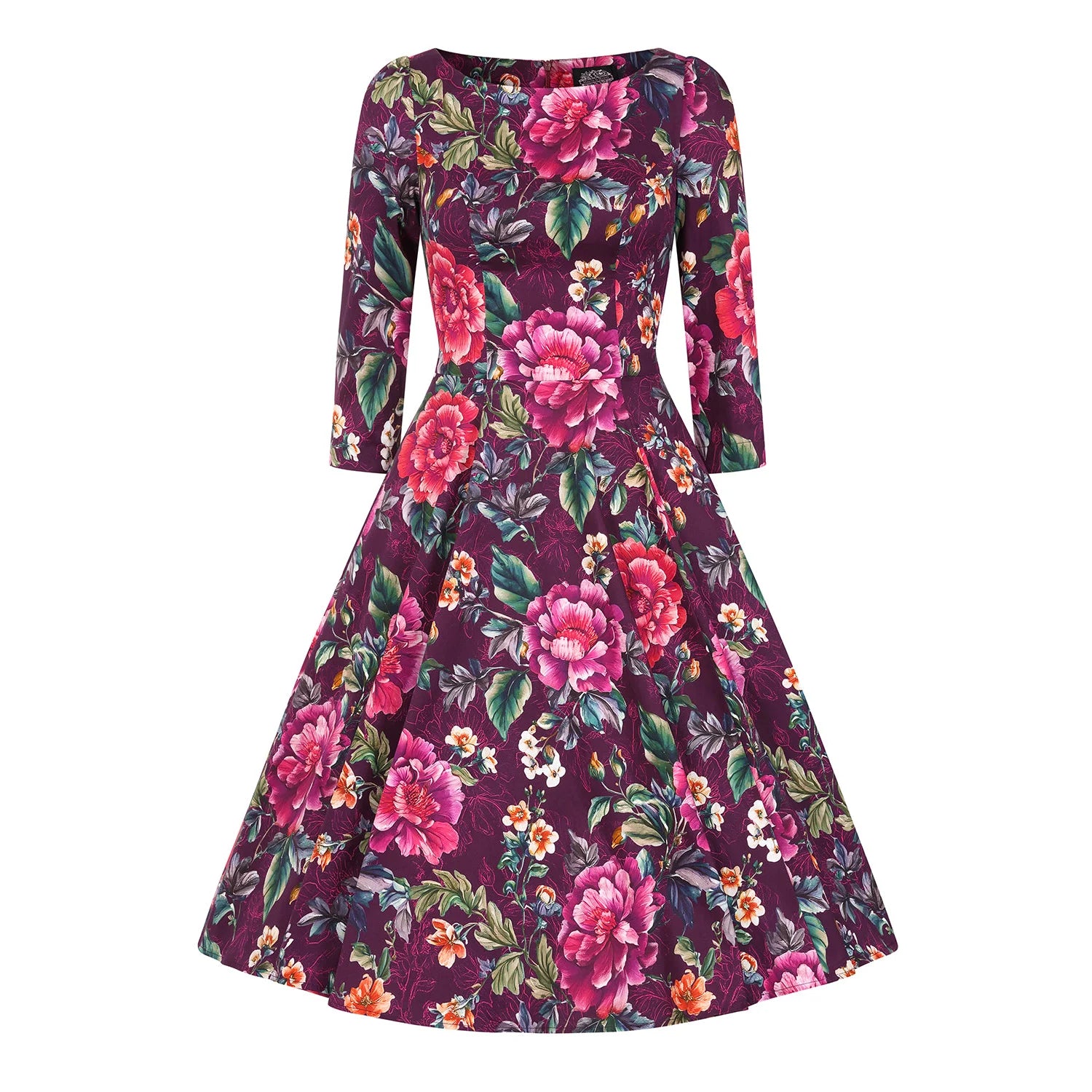 Burgundy Multi Floral Print 3/4 Sleeve Boat Neckline 50s Swing Dress With Pockets