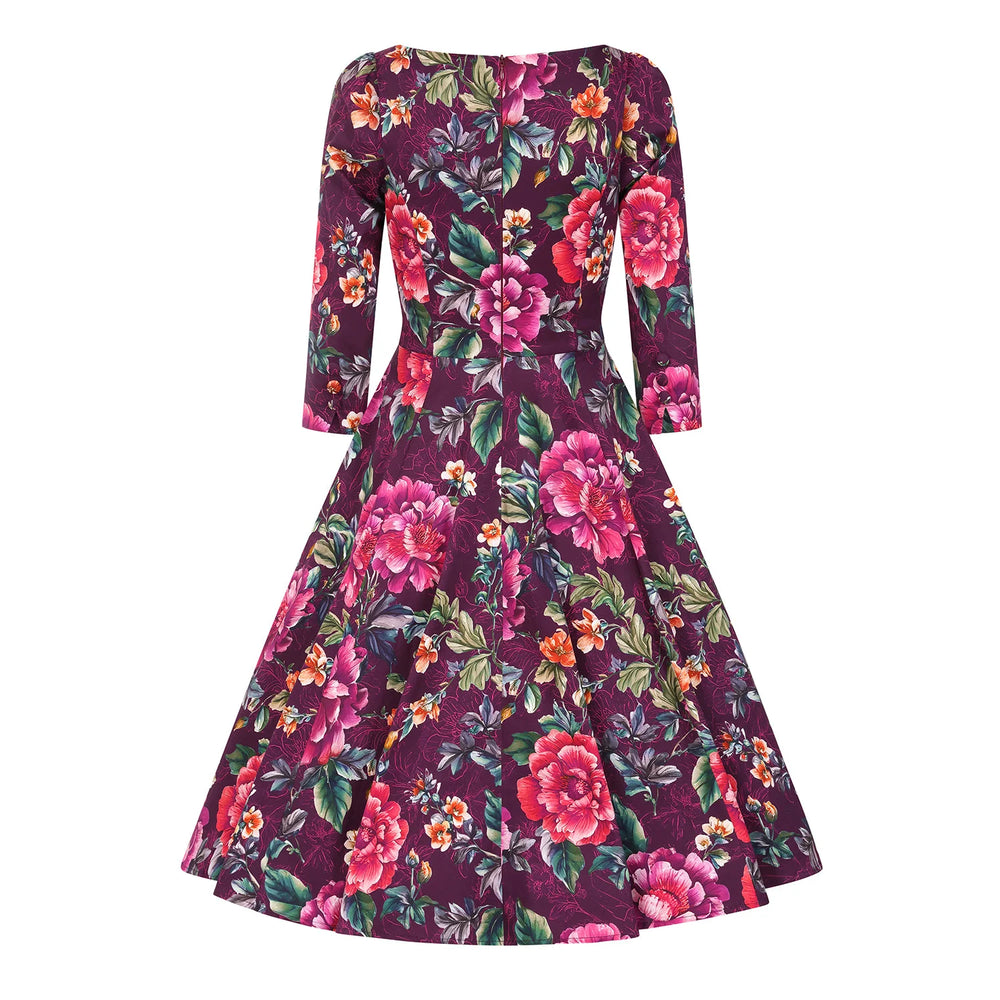 Burgundy Multi Floral Print 3/4 Sleeve Boat Neckline 50s Swing Dress With Pockets