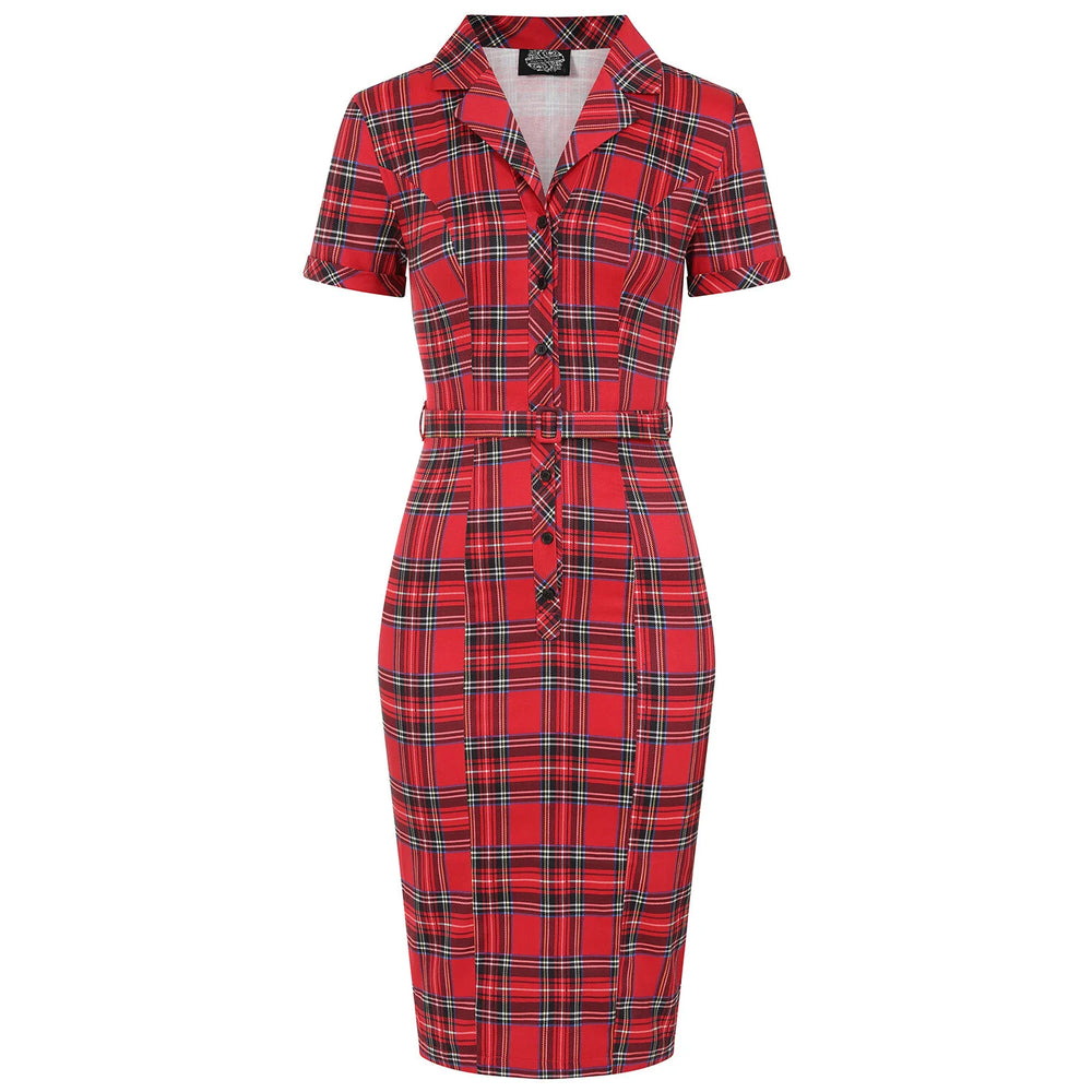 Red Highland Tartan Check Short Sleeve Wiggle Pencil Dress