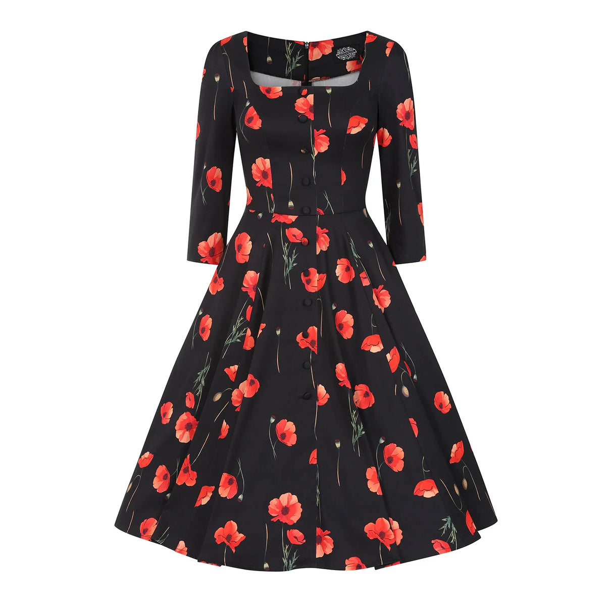 Black Poppy Print 1950s Swing Dress with Square Neckline And Pockets