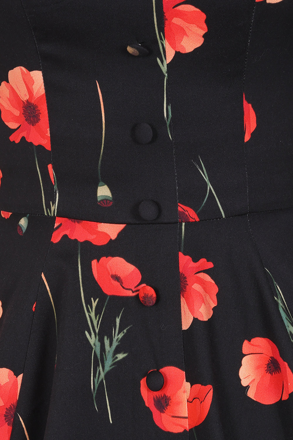 Black Poppy Print 1950s Swing Dress with Square Neckline And Pockets