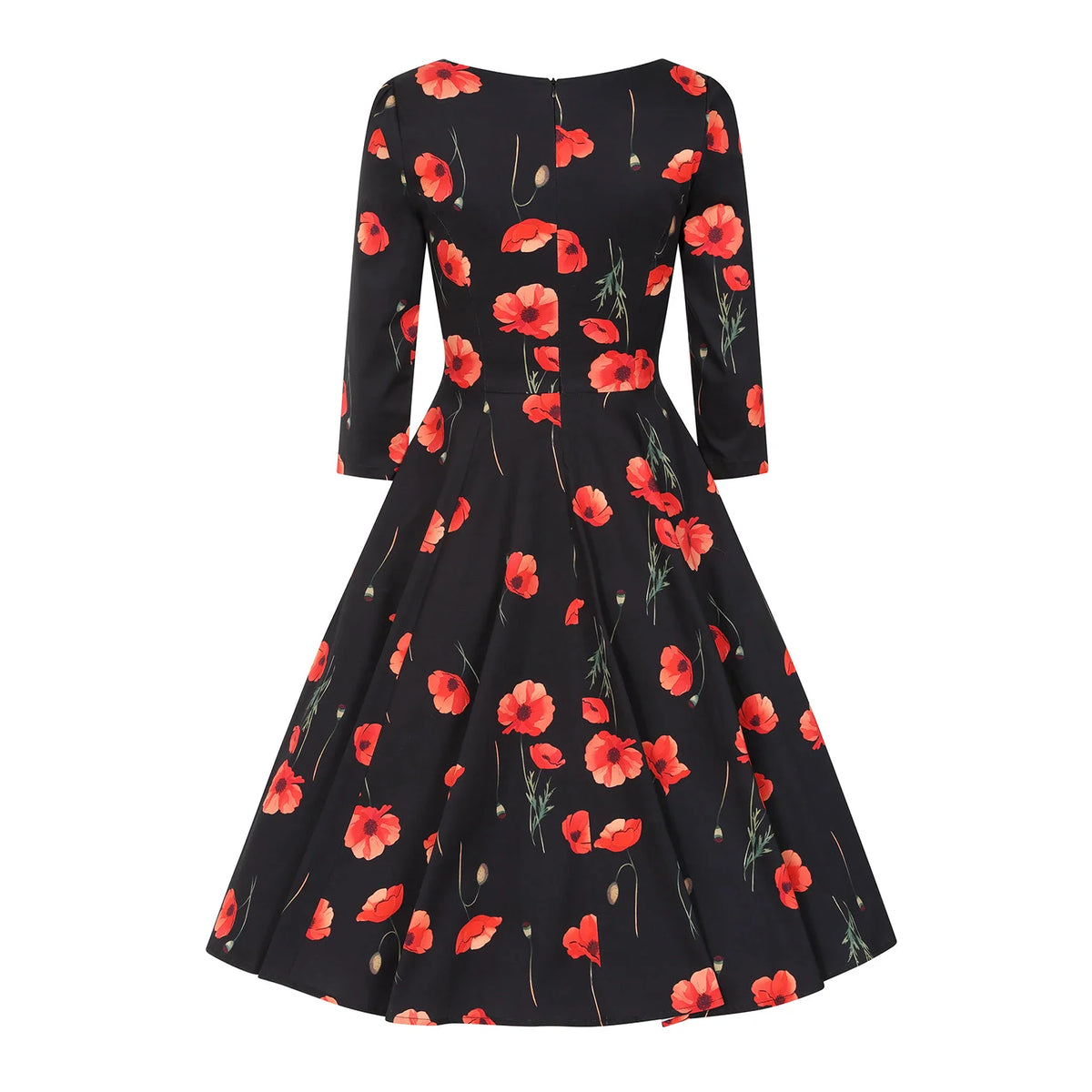 Black Poppy Print 1950s Swing Dress with Square Neckline And Pockets