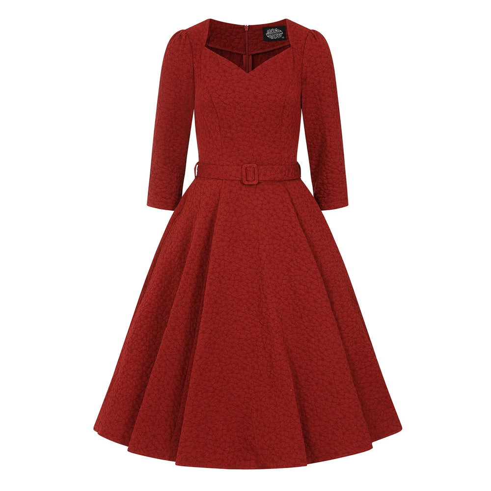 Maroon Red Embossed Floral 3/4 Sleeve Swing Dress