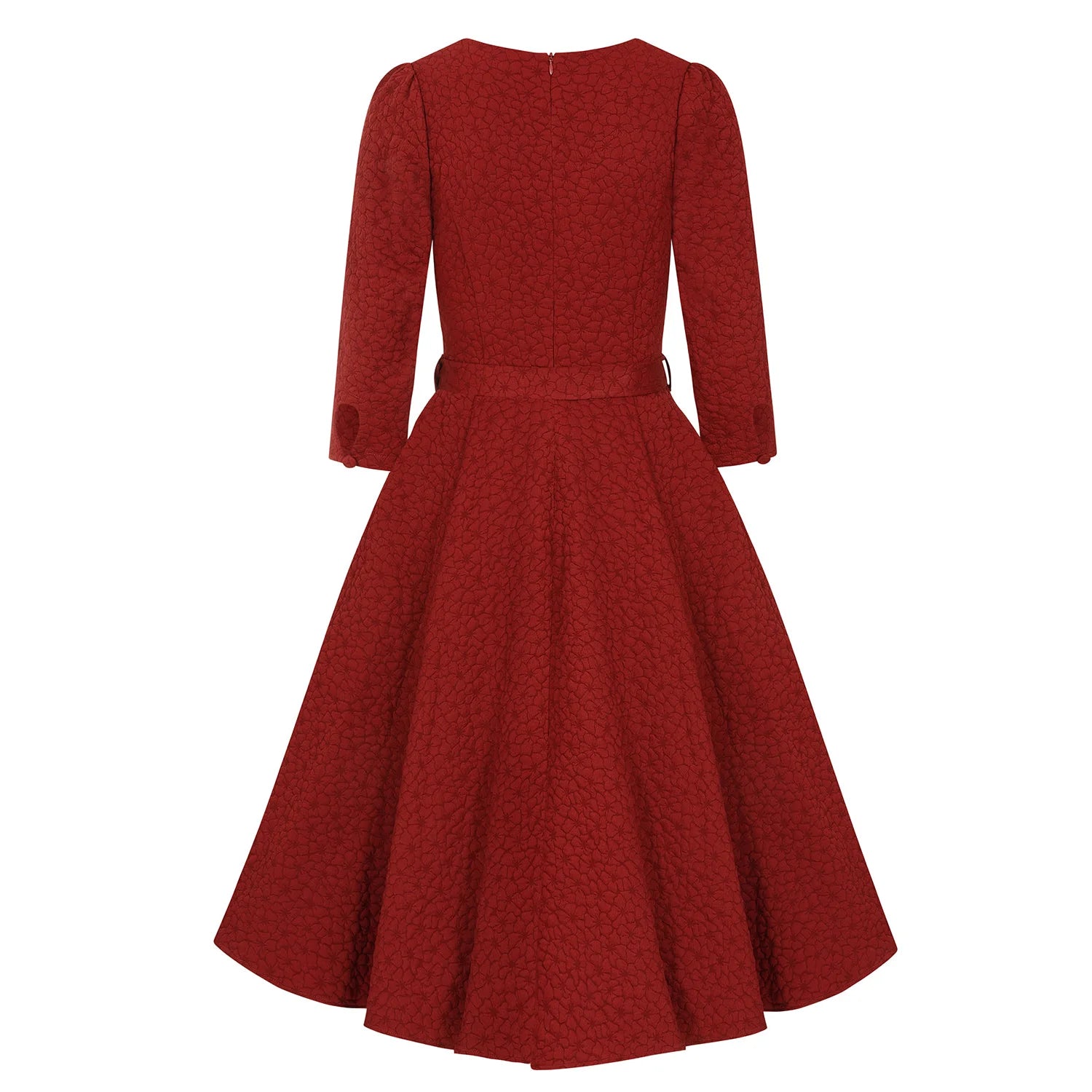 Maroon Red Embossed Floral 3/4 Sleeve Swing Dress