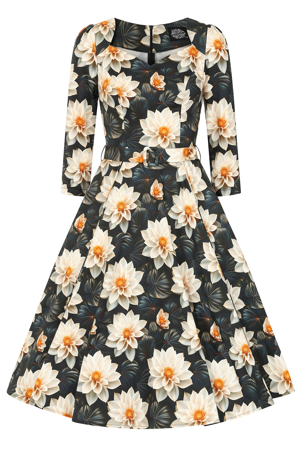 Green & Cream Multi Floral Print 3/4 Sleeve 50s Swing Tea Dress With Pockets