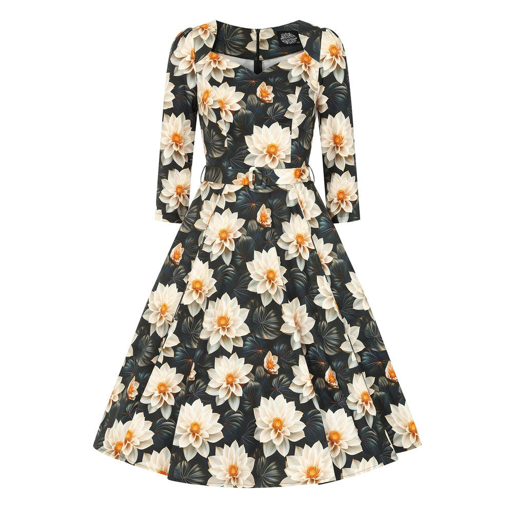 Green & Cream Multi Floral Print 3/4 Sleeve 50s Swing Tea Dress With Pockets