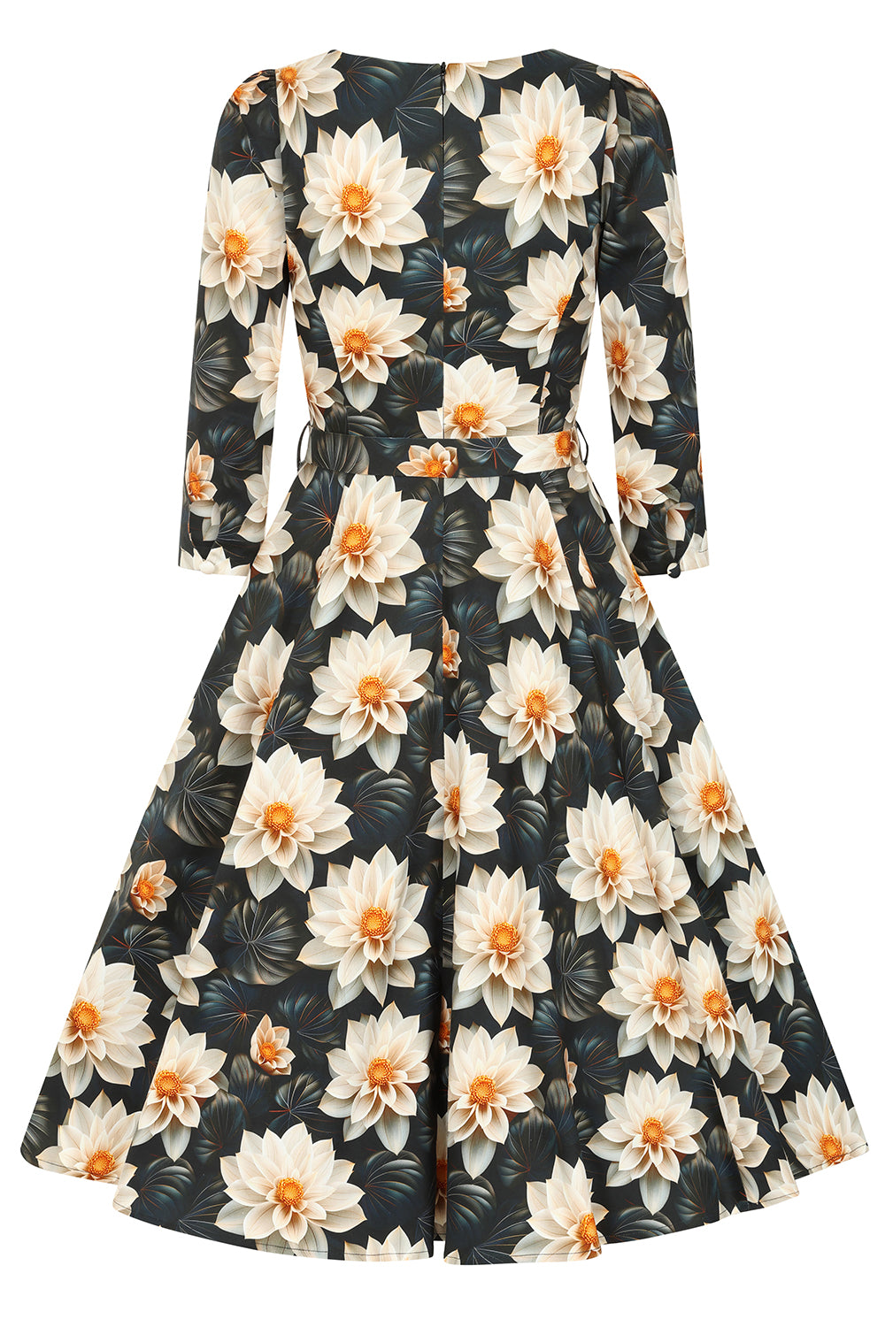 Green & Cream Multi Floral Print 3/4 Sleeve 50s Swing Tea Dress With Pockets
