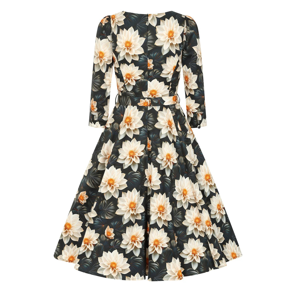 Green and Cream Multi Floral Print 3/4 Sleeve 50s Swing Tea Dress With Pockets