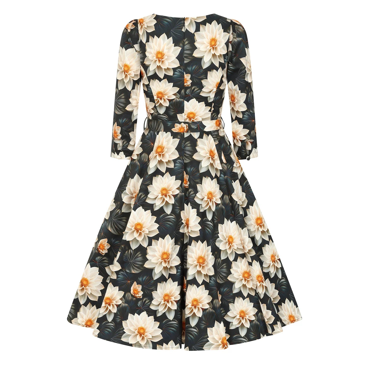 Green & Cream Multi Floral Print 3/4 Sleeve 50s Swing Tea Dress With Pockets