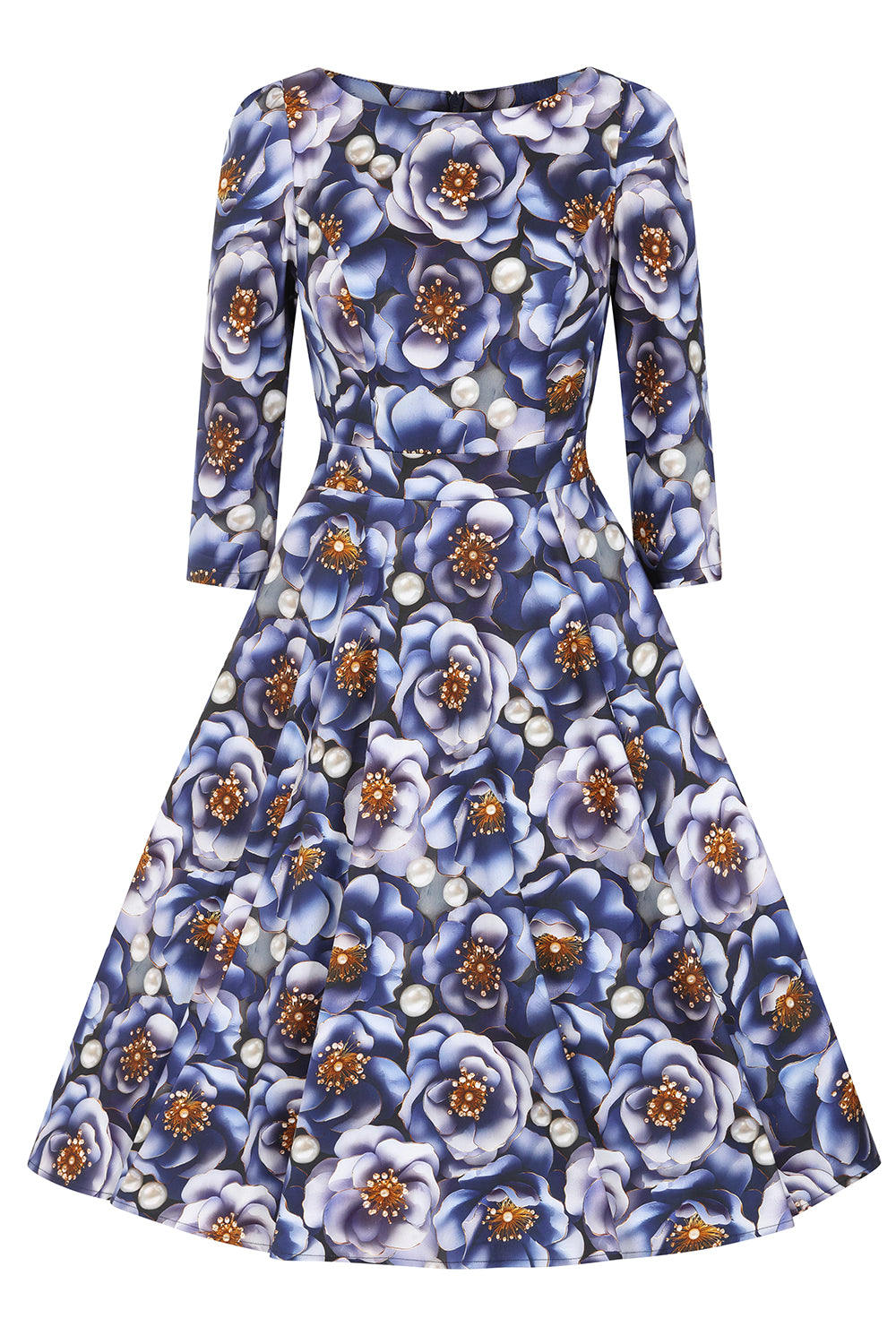 3D Blue Multi Floral Print 3/4 Sleeve Boat Neckline 50s Swing Dress With Pockets
