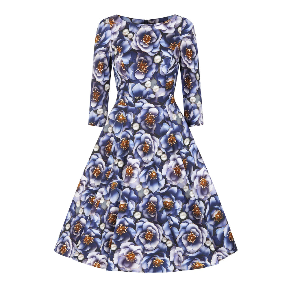 3D Blue Multi Floral Print 3/4 Sleeve Boat Neckline 50s Swing Dress With Pockets