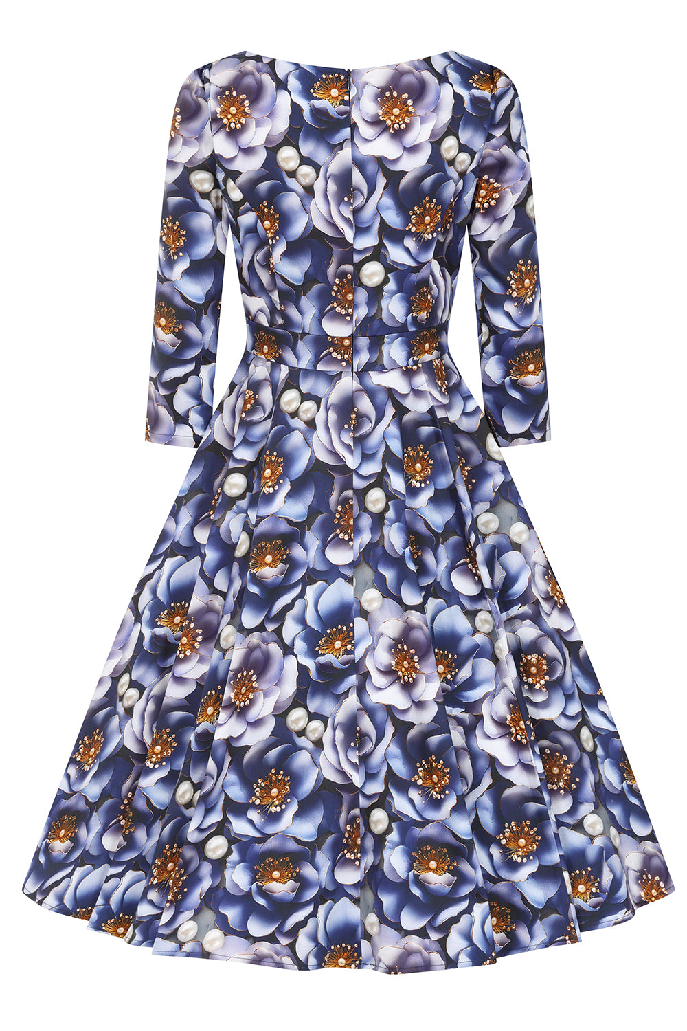 3D Blue Multi Floral Print 3/4 Sleeve Boat Neckline 50s Swing Dress With Pockets