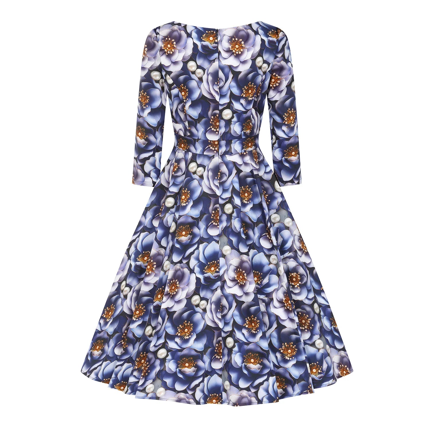 3D Blue Multi Floral Print 3/4 Sleeve Boat Neckline 50s Swing Dress With Pockets
