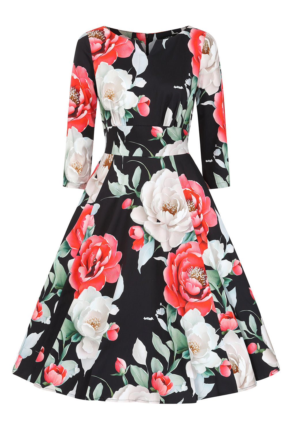 Black Multi Floral Print 3/4 Sleeve Notch Neckline 50s Swing Dress With Pockets