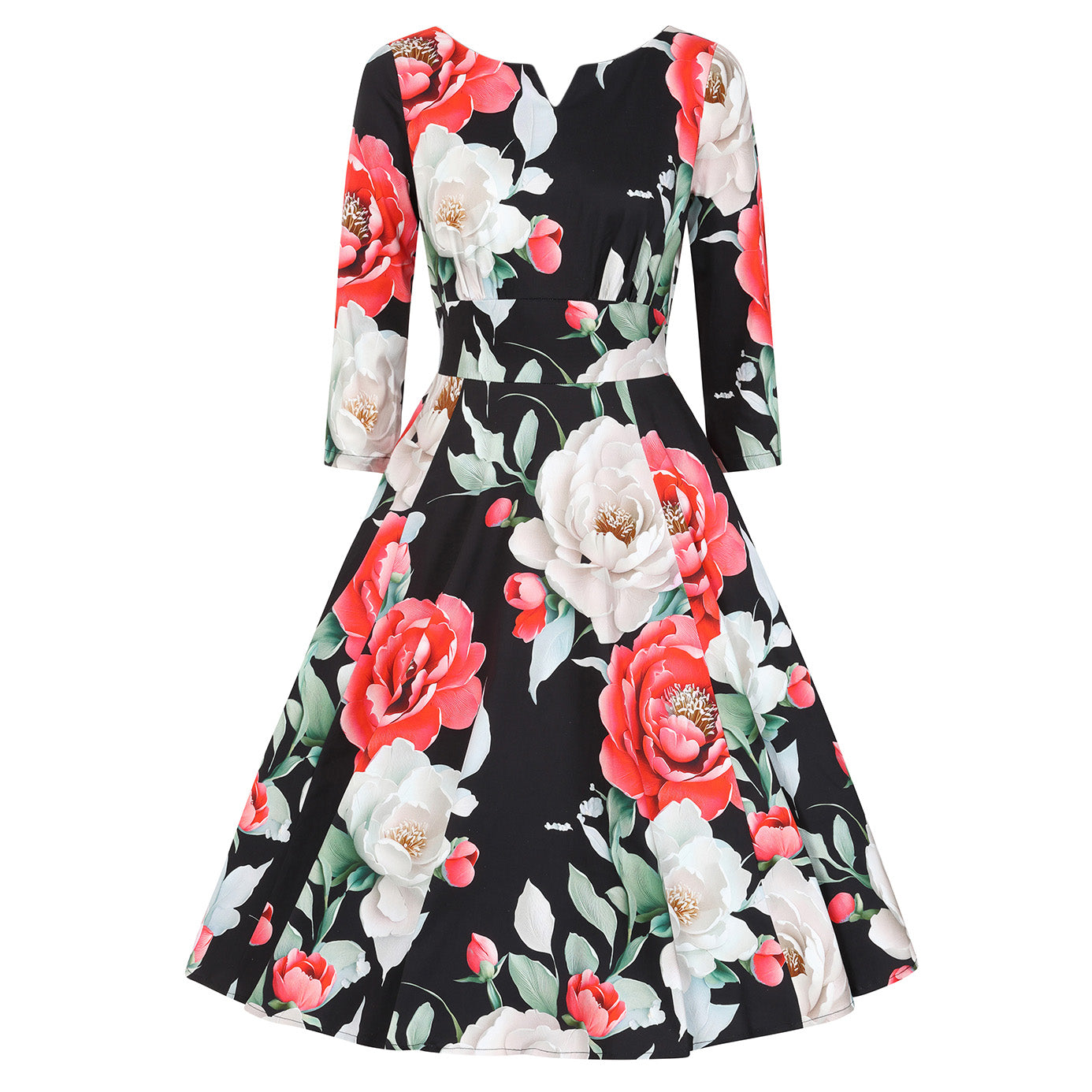 Black Multi Floral Print 3/4 Sleeve Notch Neckline 50s Swing Dress With Pockets