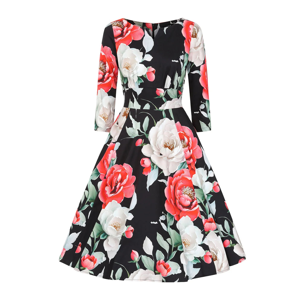 Black Multi Floral Print 3/4 Sleeve Notch Neckline 50s Swing Dress With Pockets