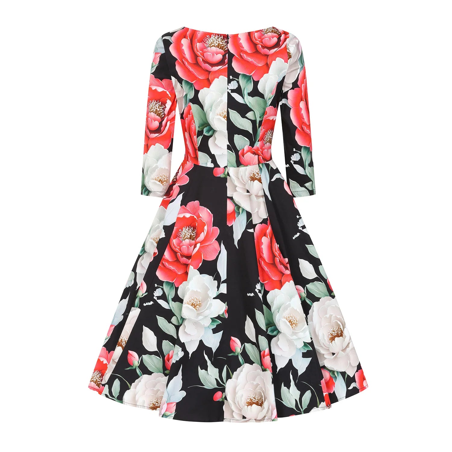Black Multi Floral Print 3/4 Sleeve Notch Neckline 50s Swing Dress With Pockets