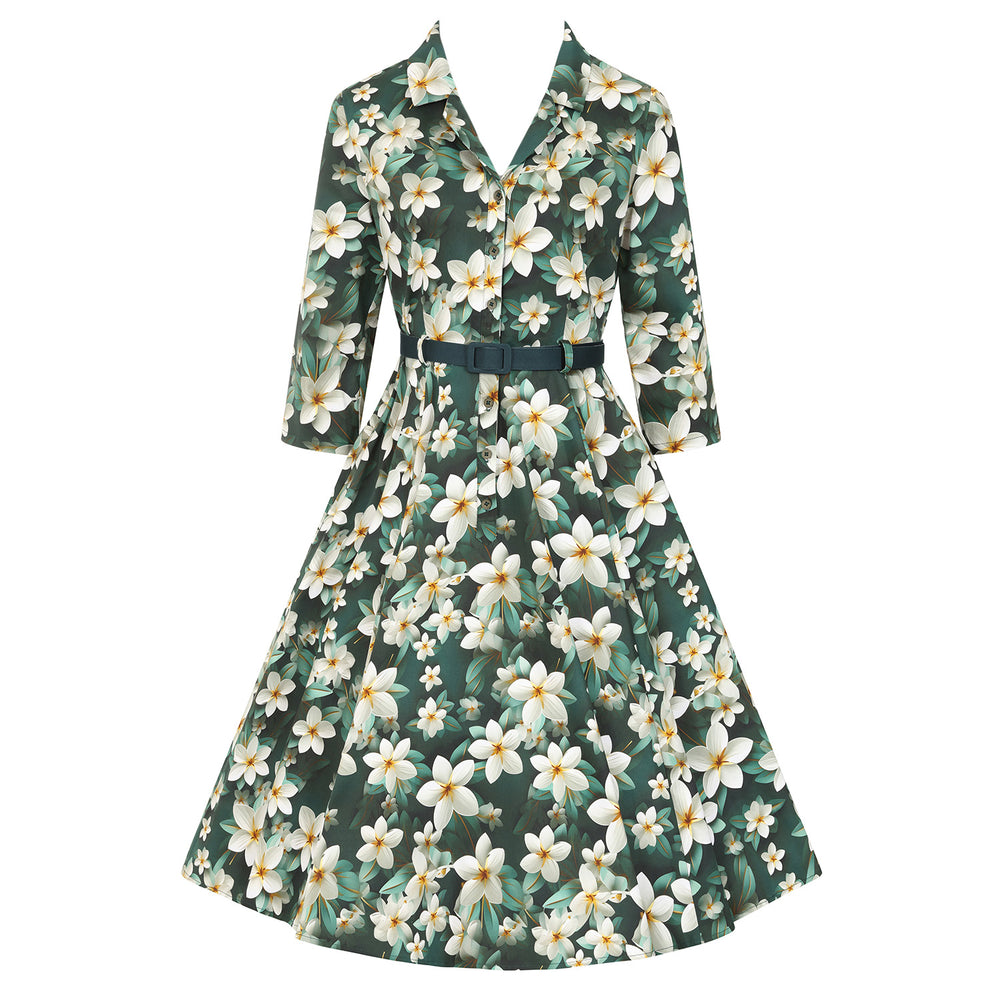 Forest Green Multi Floral Print 3/4 Sleeve 50s Swing Tea Dress With Pockets