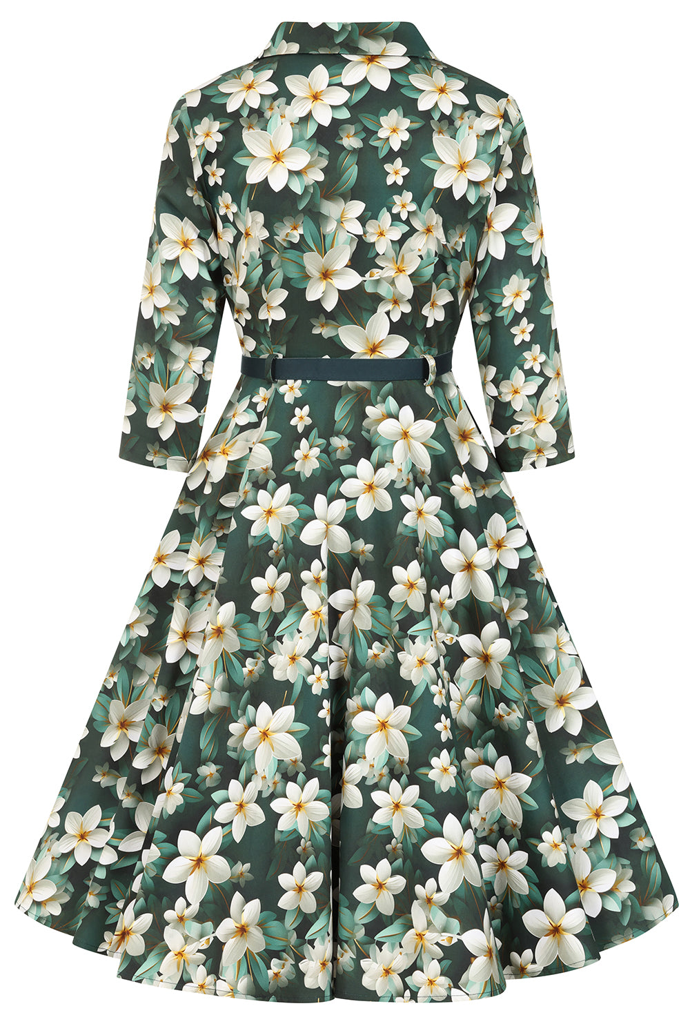 Forest Green Multi Floral Print 3/4 Sleeve 50s Swing Tea Dress With Pockets