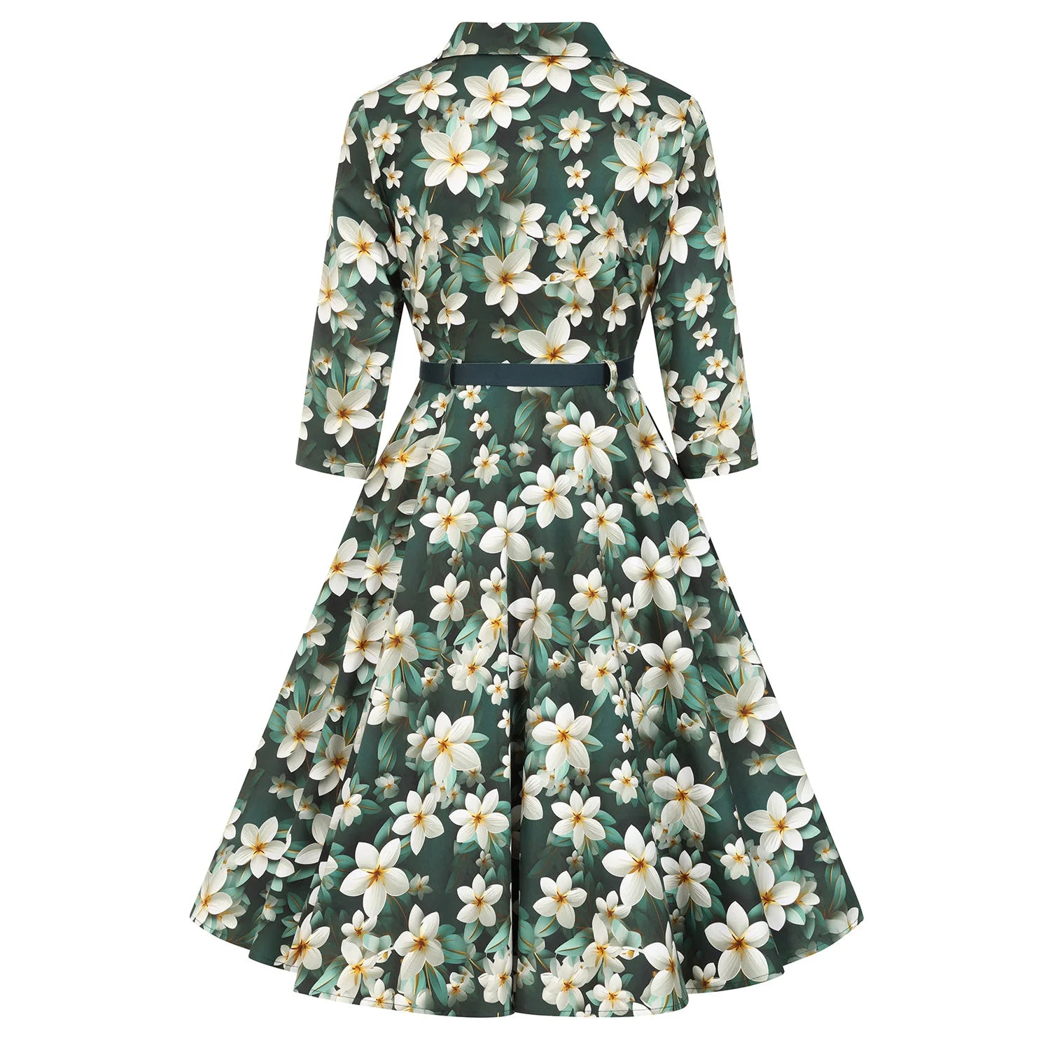Forest Green Multi Floral Print 3/4 Sleeve 50s Swing Tea Dress With Pockets