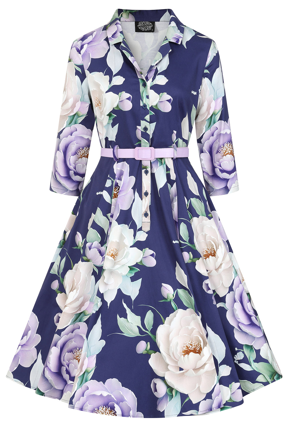 Blue Multi Floral Print 3/4 Sleeve 50s Swing Tea Dress With Pockets