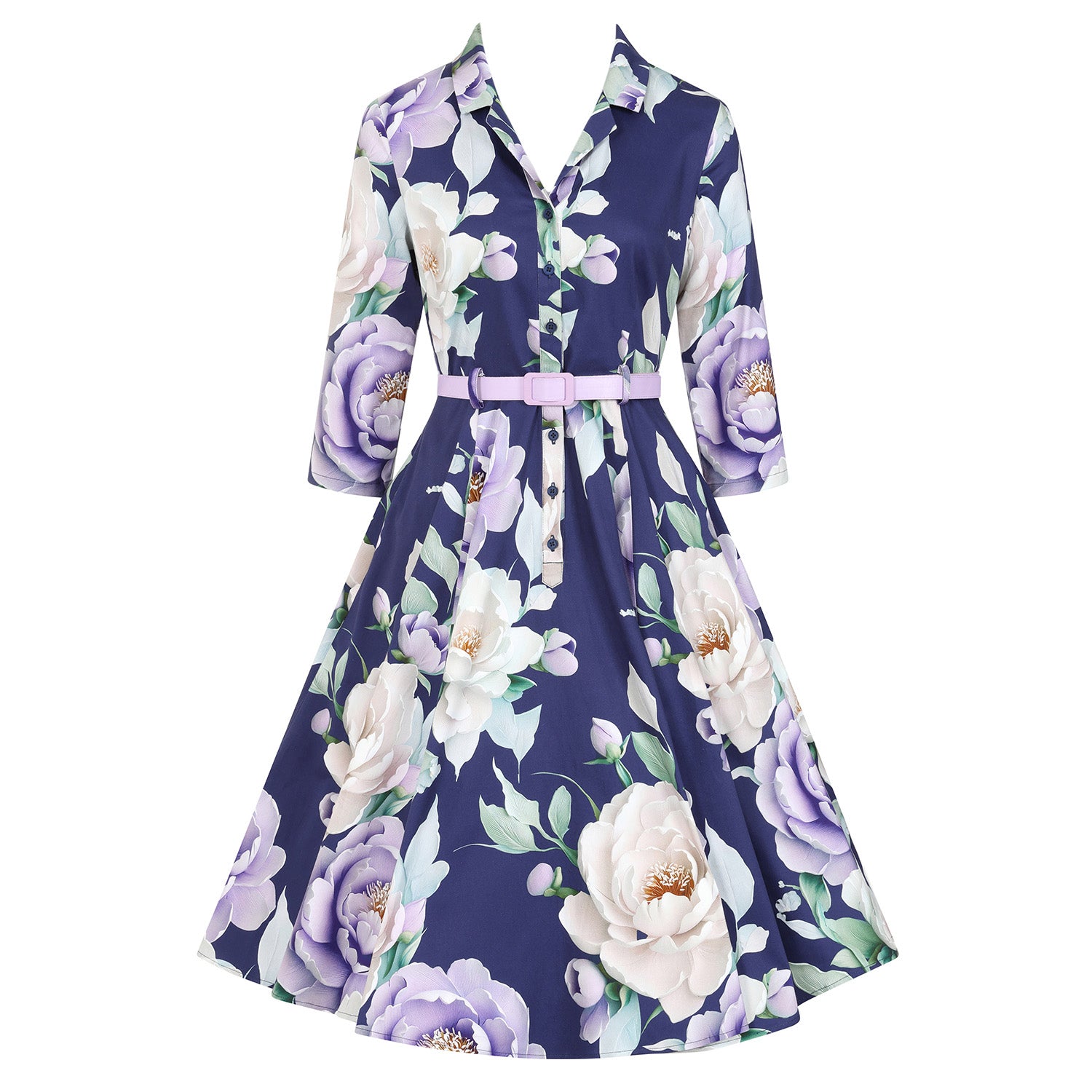 Blue Multi Floral Print 3/4 Sleeve 50s Swing Tea Dress With Pockets