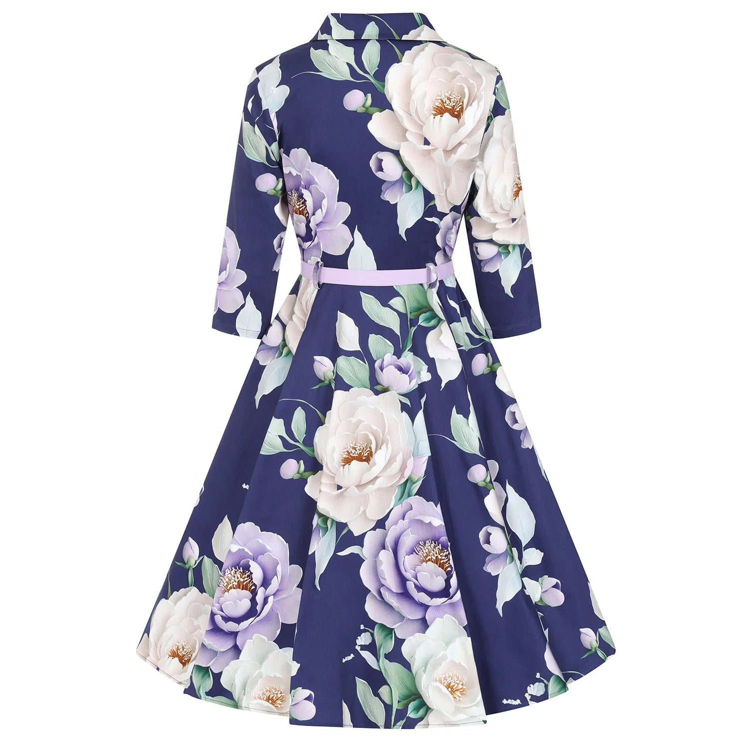Blue Multi Floral Print 3/4 Sleeve 50s Swing Tea Dress With Pockets