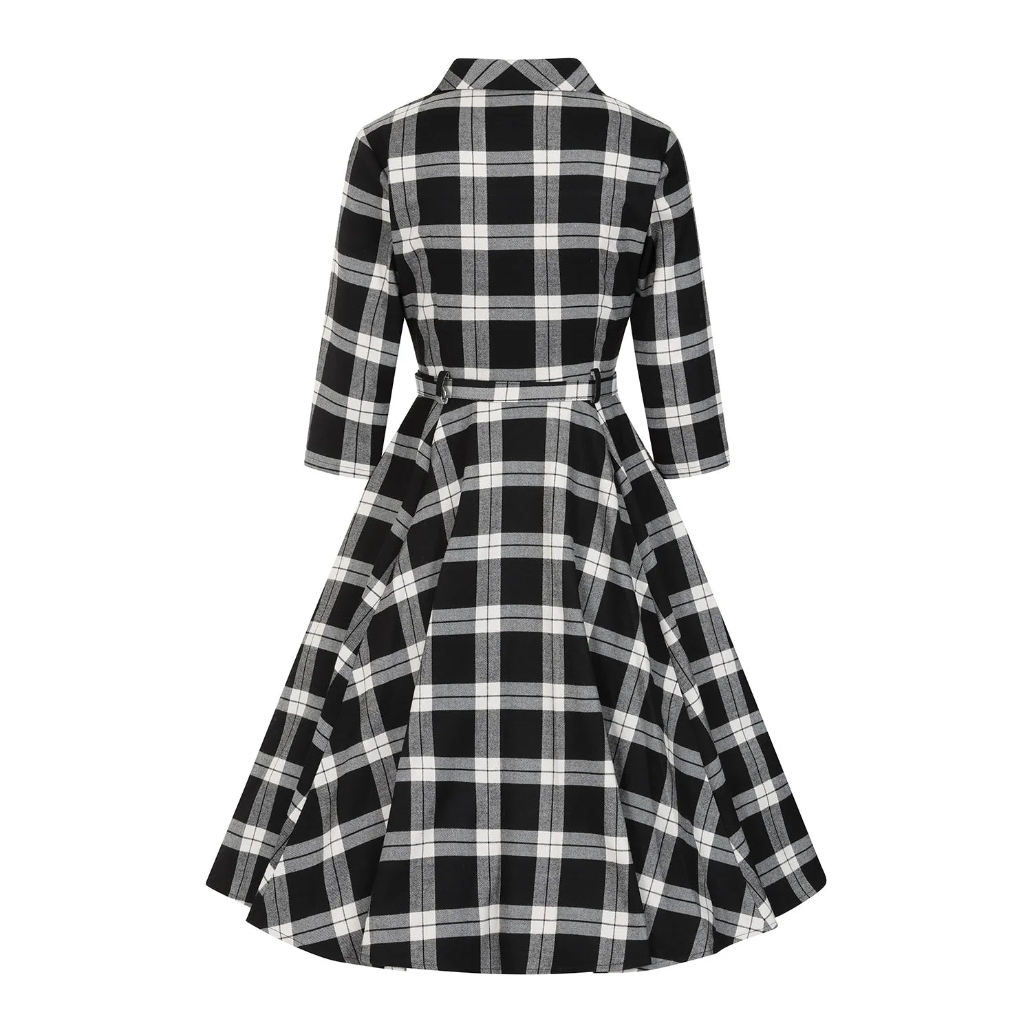 Black, Grey and White Check Print 3/4 Sleeve Collared 50s Swing Tea Dress With Pockets
