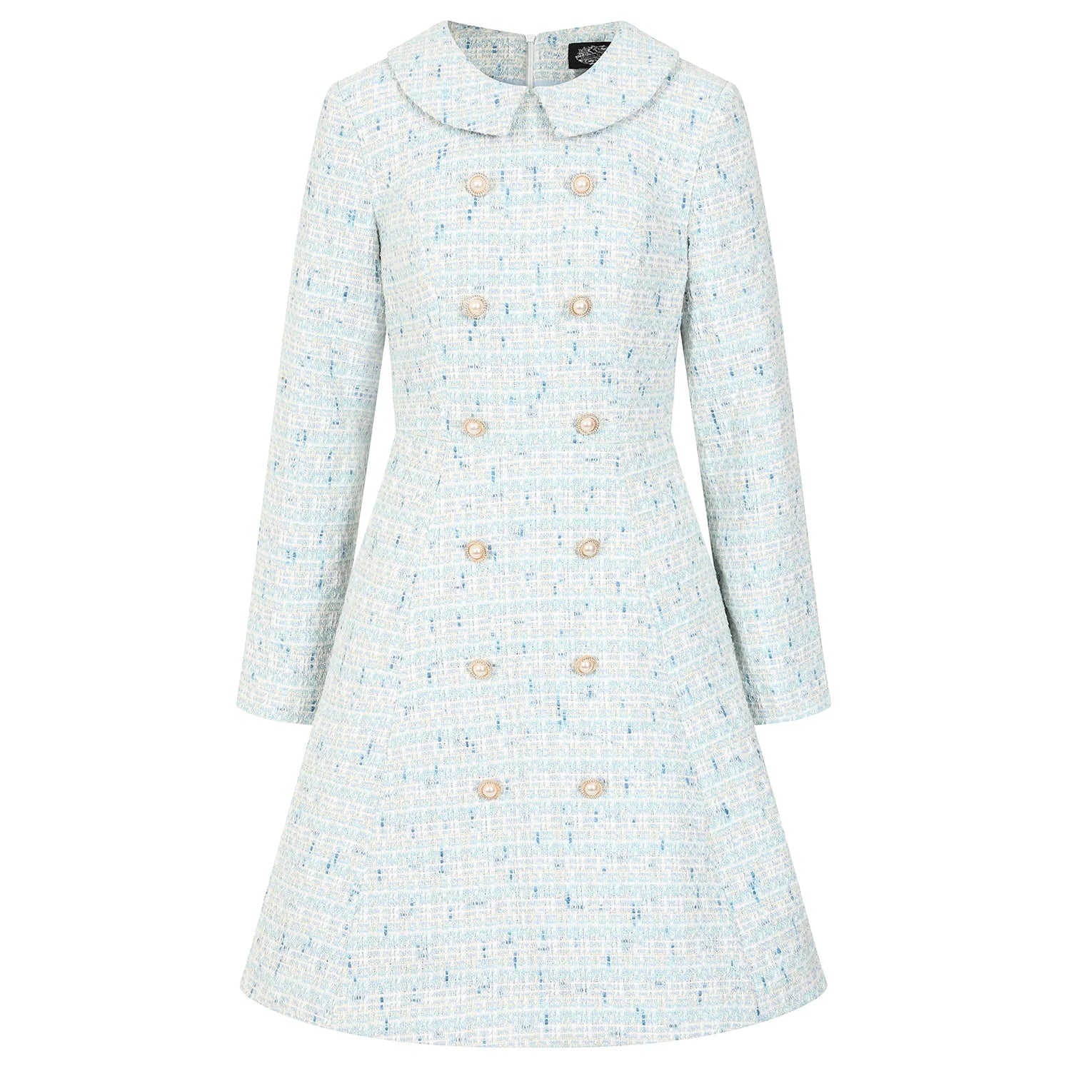Baby Blue and White Tweed 3/4 Sleeve Peter Pan Collar 50s Swing Tea Dress With Pockets