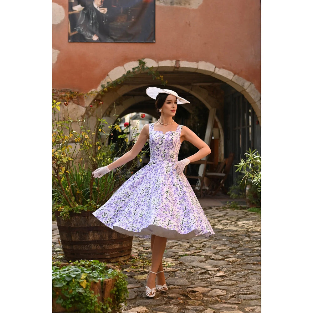 Ivory, Lilac And Violet Floral 50s V Neck Sleeveless Swing Dress - Pretty Kitty Fashion