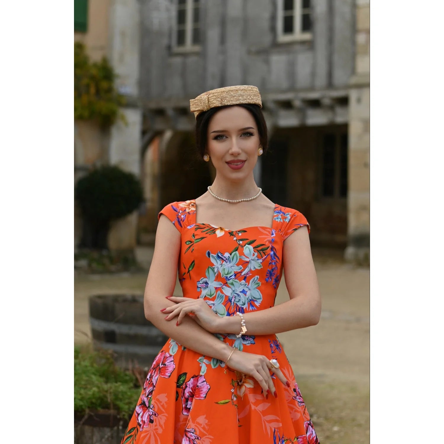 Sunset Burnt Orange Blue Multi Floral Blossom Rose Cap Sleeve Cotton Swing Dress