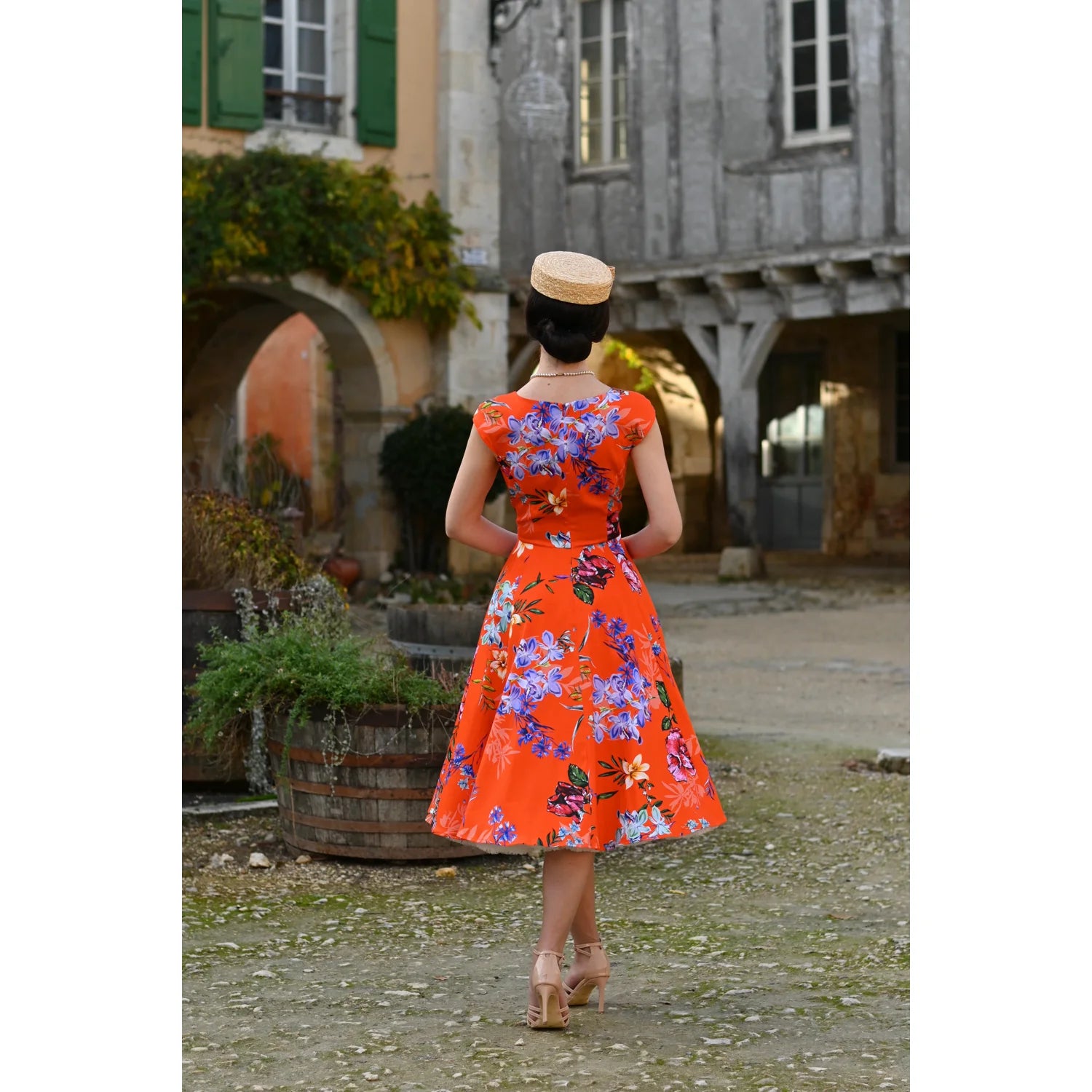 Sunset Burnt Orange Blue Multi Floral Blossom Rose Cap Sleeve Cotton Swing Dress