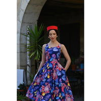 Navy Blue Multi Coloured Floral Sleeveless 50s Swing Dress with Pockets - Pretty Kitty Fashion