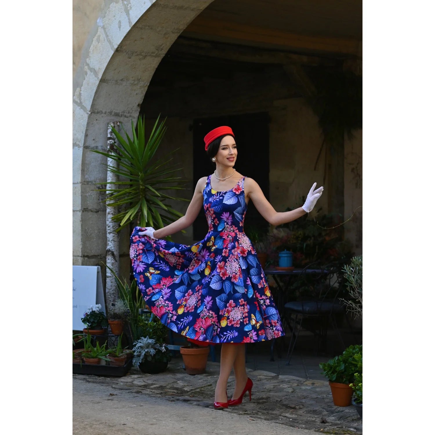 Navy Blue Multi Coloured Floral Sleeveless 50s Swing Dress with Pockets - Pretty Kitty Fashion