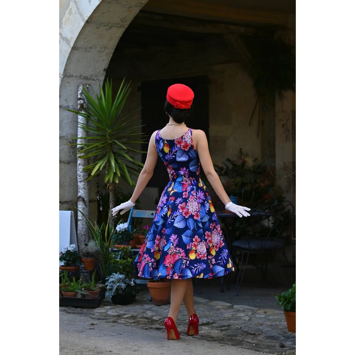 Navy Blue Multi Coloured Floral Sleeveless 50s Swing Dress with Pockets - Pretty Kitty Fashion