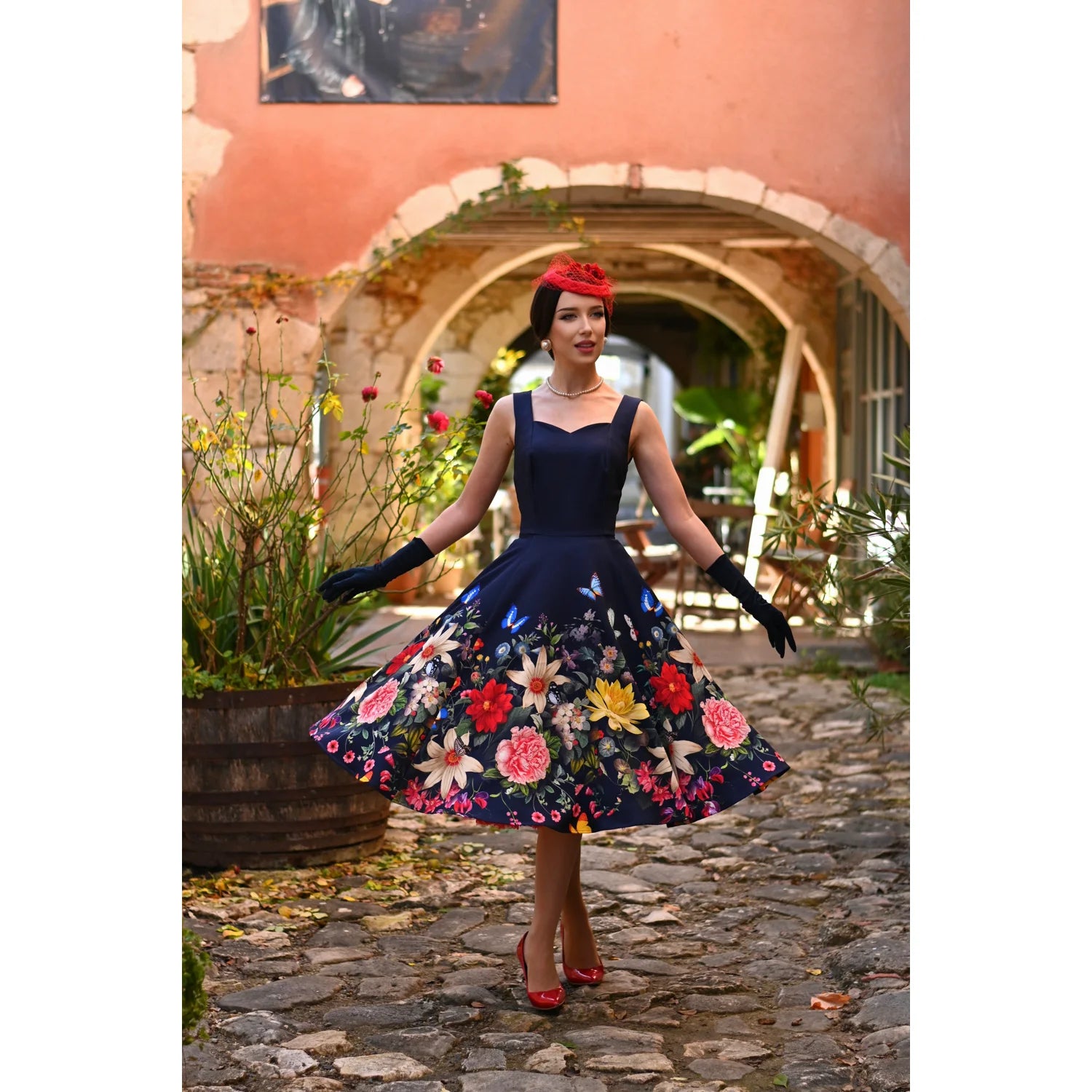 Navy Blue Butterfly Floral Blossom Strappy Summer Swing Dress - Pretty Kitty Fashion