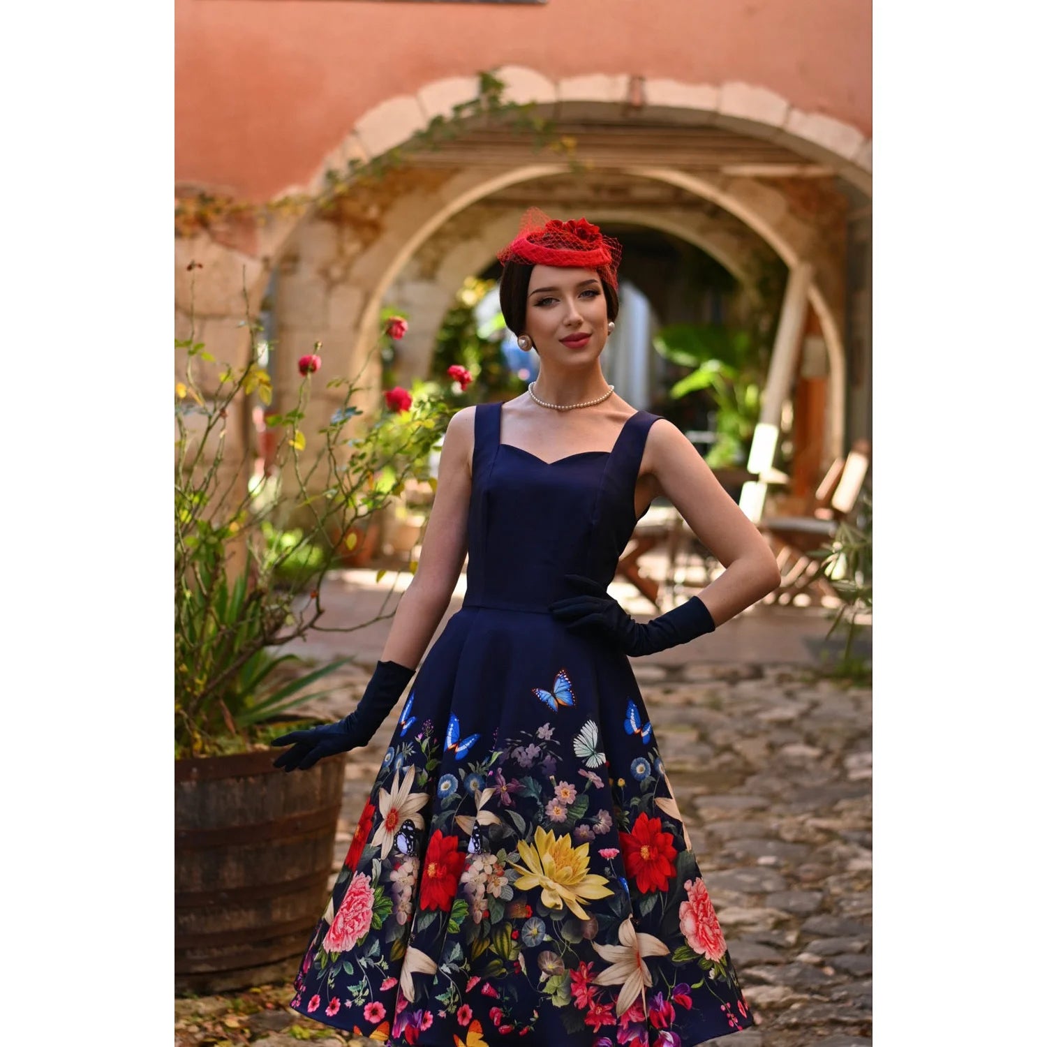 1950s Style Navy Floral Butterfly Swing Dress with Sweetheart Neckline – Pretty Kitty Fashion