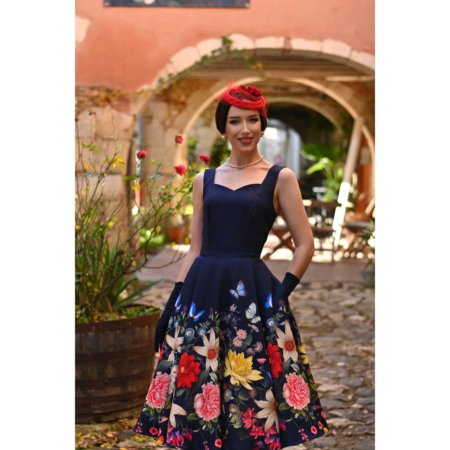 Navy Blue Butterfly Floral Blossom Strappy Summer Swing Dress - Pretty Kitty Fashion