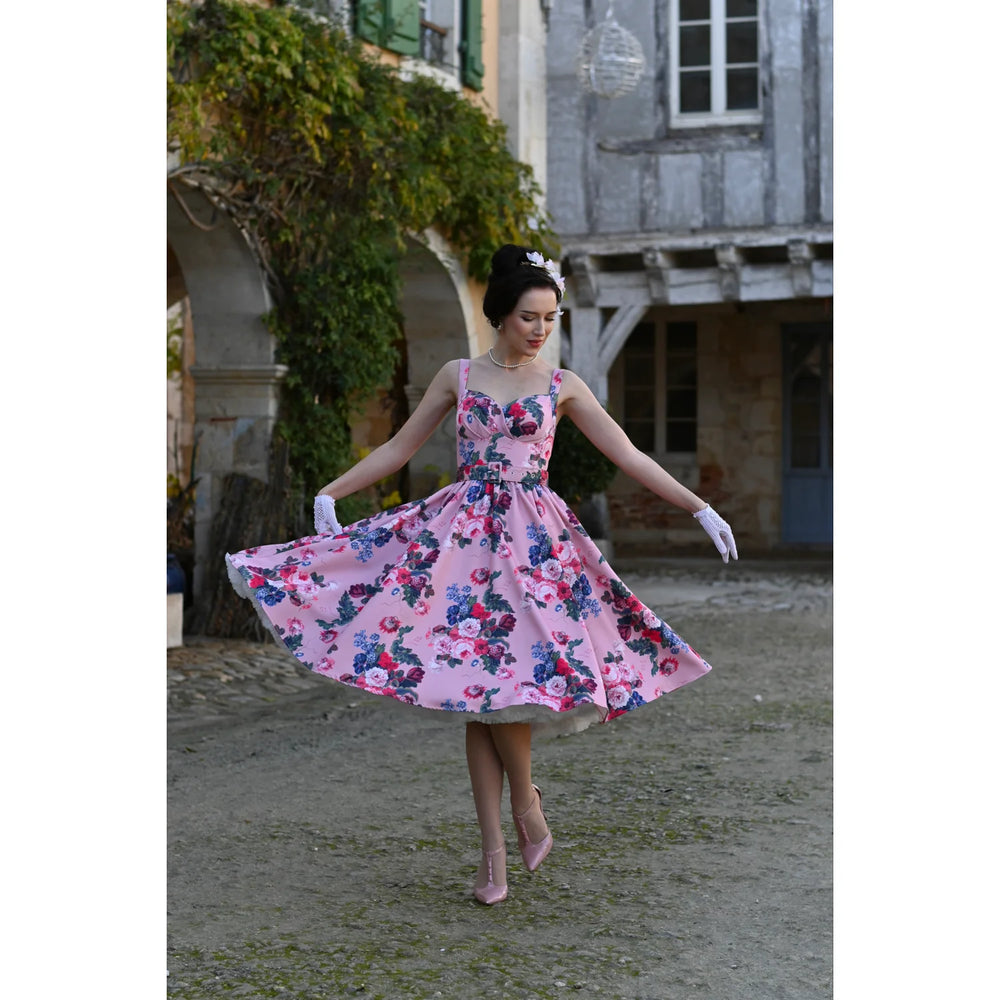 Pink Floral Belted Sleeveless 50s Swing Dress with Sweetheart Bodice & Pockets