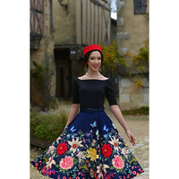 Navy Blue Floral Butterflies Rose Print Swing Skirt - Pretty Kitty Fashion