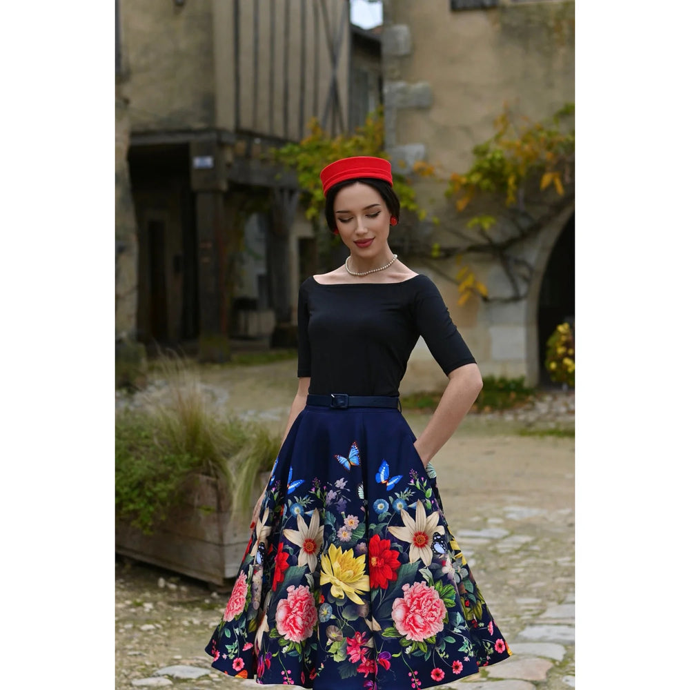 Navy Blue Floral Butterflies Rose Print Swing Skirt - Pretty Kitty Fashion