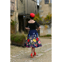 Navy Blue Floral Butterflies Rose Print Swing Skirt - Pretty Kitty Fashion