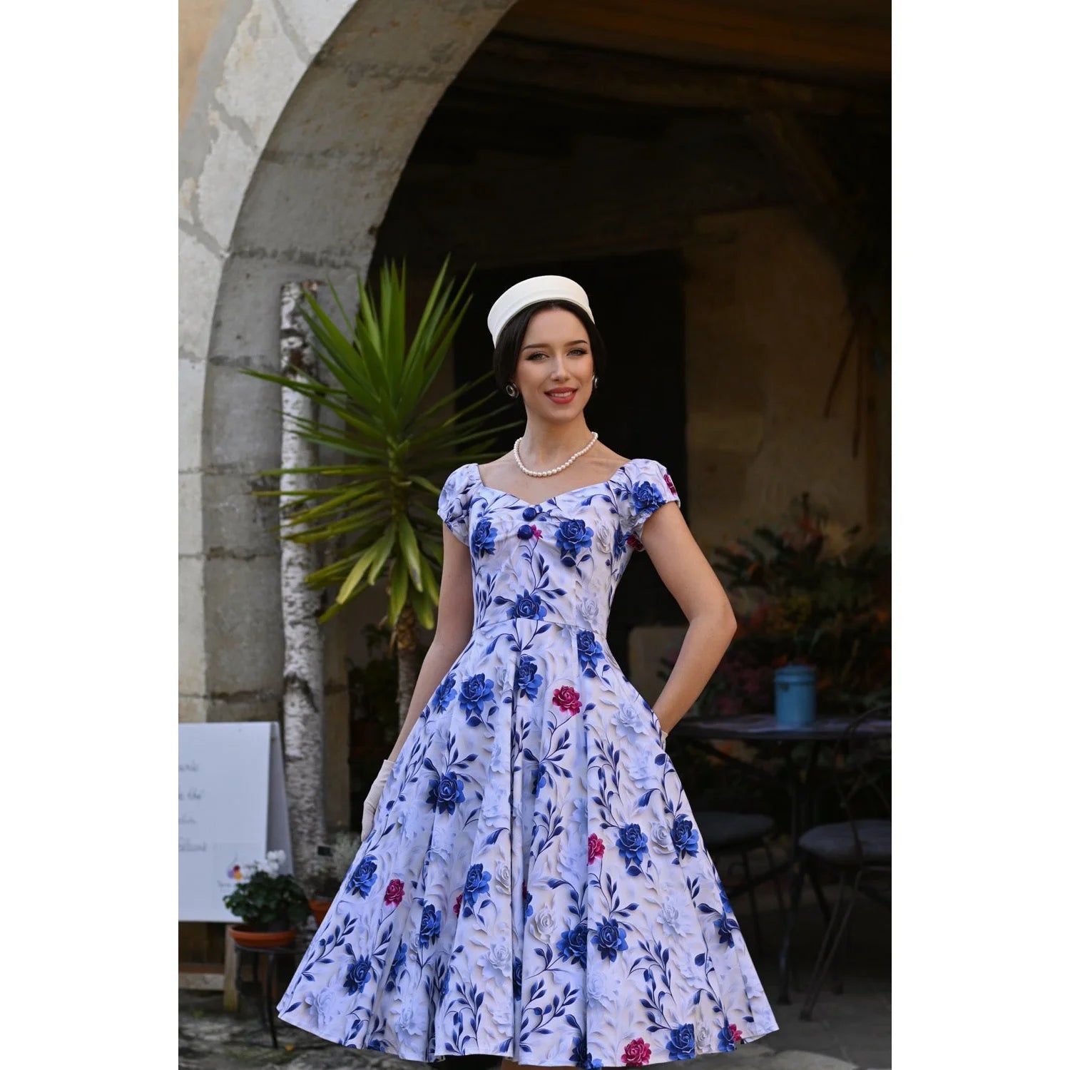 White And Blue Red Rose Cap Sleeve Cotton Swing Dress - Pretty Kitty Fashion